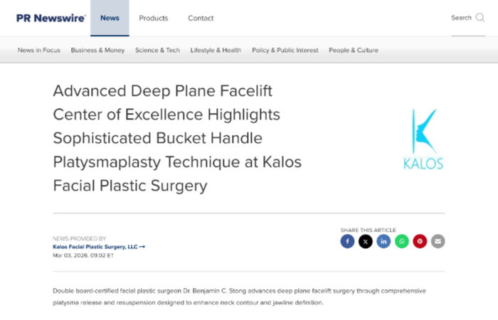 Screenshot of a PR Newswire article headline about advanced facelift and platysmaplasty techniques at Kalos Facial Plastic Surgery, with social media sharing icons visible.