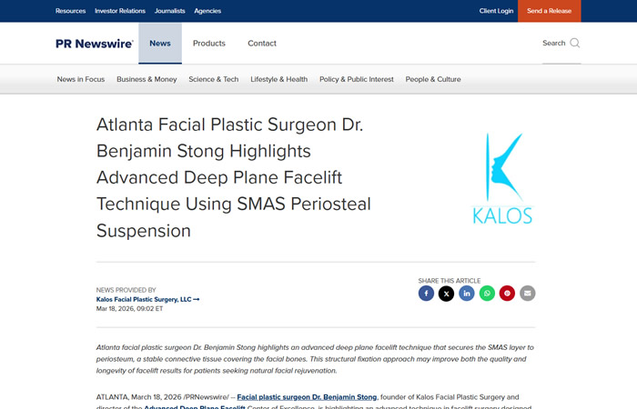 Screenshot of a PR Newswire article headline about Dr. Benjamin Stong discussing an advanced facial surgery technique using SMAS periosteal suspension, with the Kalos logo visible.