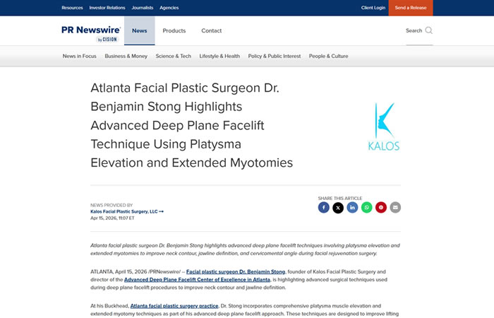 Screenshot of a PR Newswire article announcing Dr. Benjamin Stong's highlights of an advanced deep plane facelift technique using platysma elevation and extended myotomies.