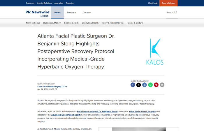 Screenshot of a PR Newswire article announcing Dr. Benjamin Stong Highlights Postoperative Recovery Protocol Incorporating Medical-Grade Hyperbaric Oxygen Therapy.