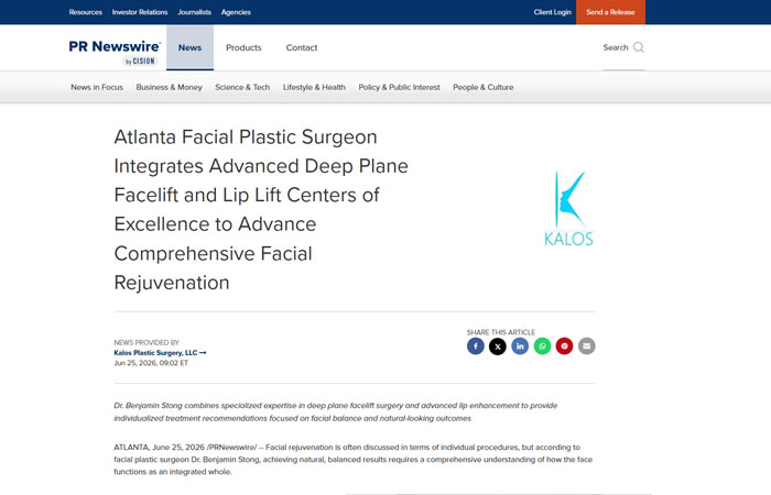 Screenshot of a PR Newswire article announcing Atlanta Facial Plastic Surgeon Integrates Advanced Deep Plane Facelift and Lip Lift Centers of Excellence to Advance Comprehensive Facial Rejuvenation