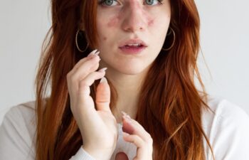 Young caucasian girl with allergic reaction due to bee sting on her face. Redness and itching on her face. Danger of anaphylactic shock